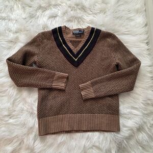 Vintage Polo Ralph  Brown Herringbone V-Neck Sweater with Contrast Trim